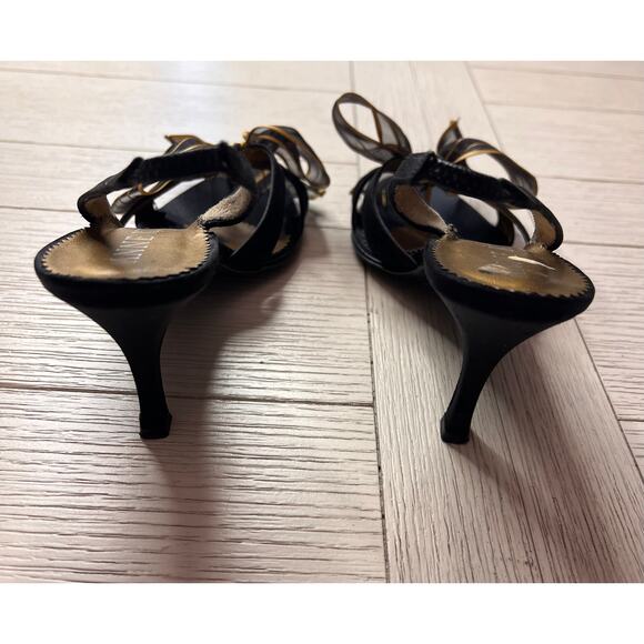 Anne Klein black leather open toed sling back 3" heel w/ gold festive bow. Sz 8 - Picture 3 of 9